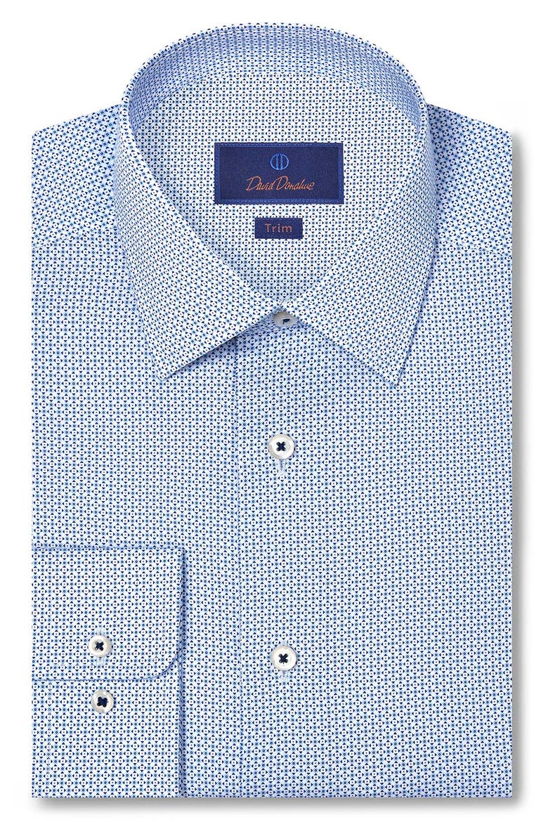 Trim Fit Blue Geometric Print Cotton Dress Shirt, Main, color, WHITE/ BLUE