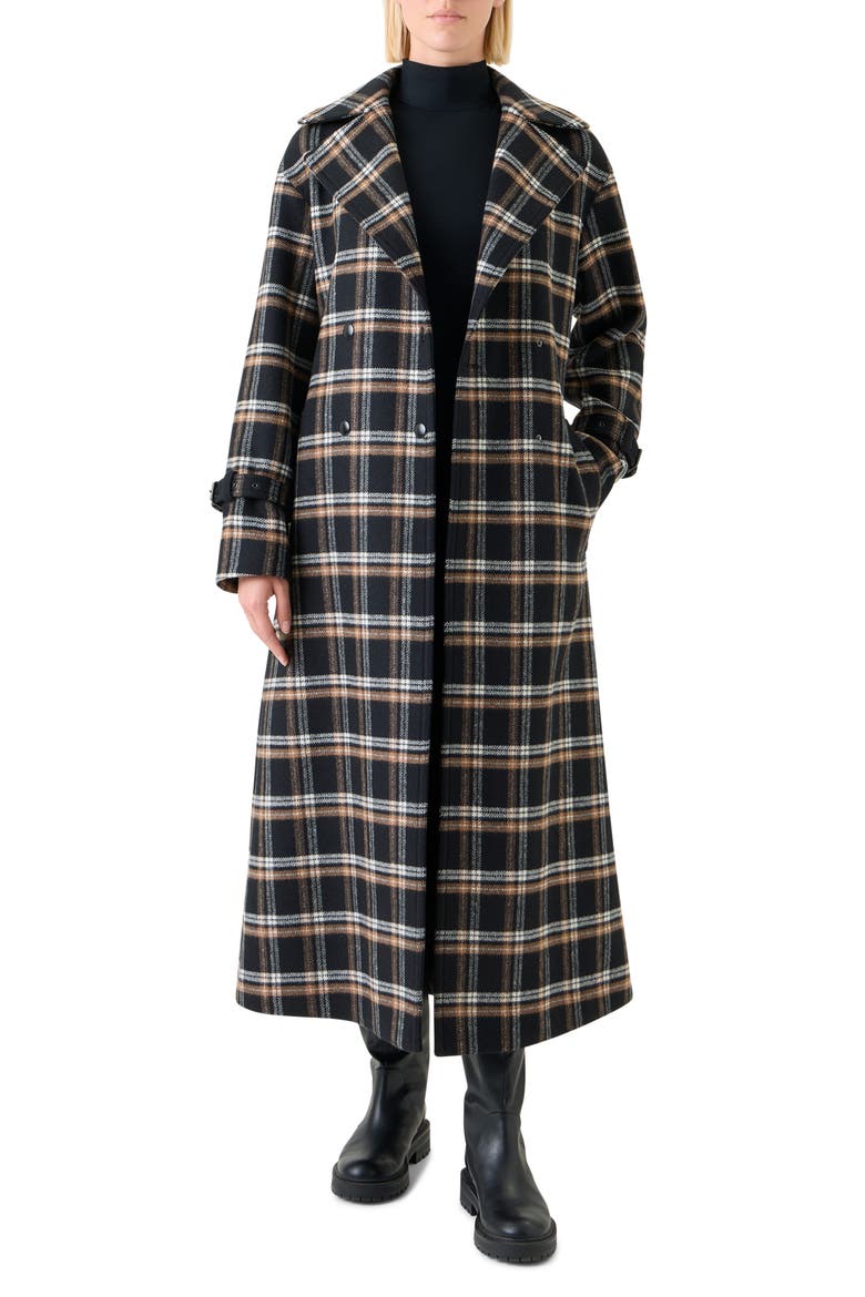 Plaid Double Face Wool Blend Trench Coat, Alternate, color, BLACK-CAMEL-CREAM