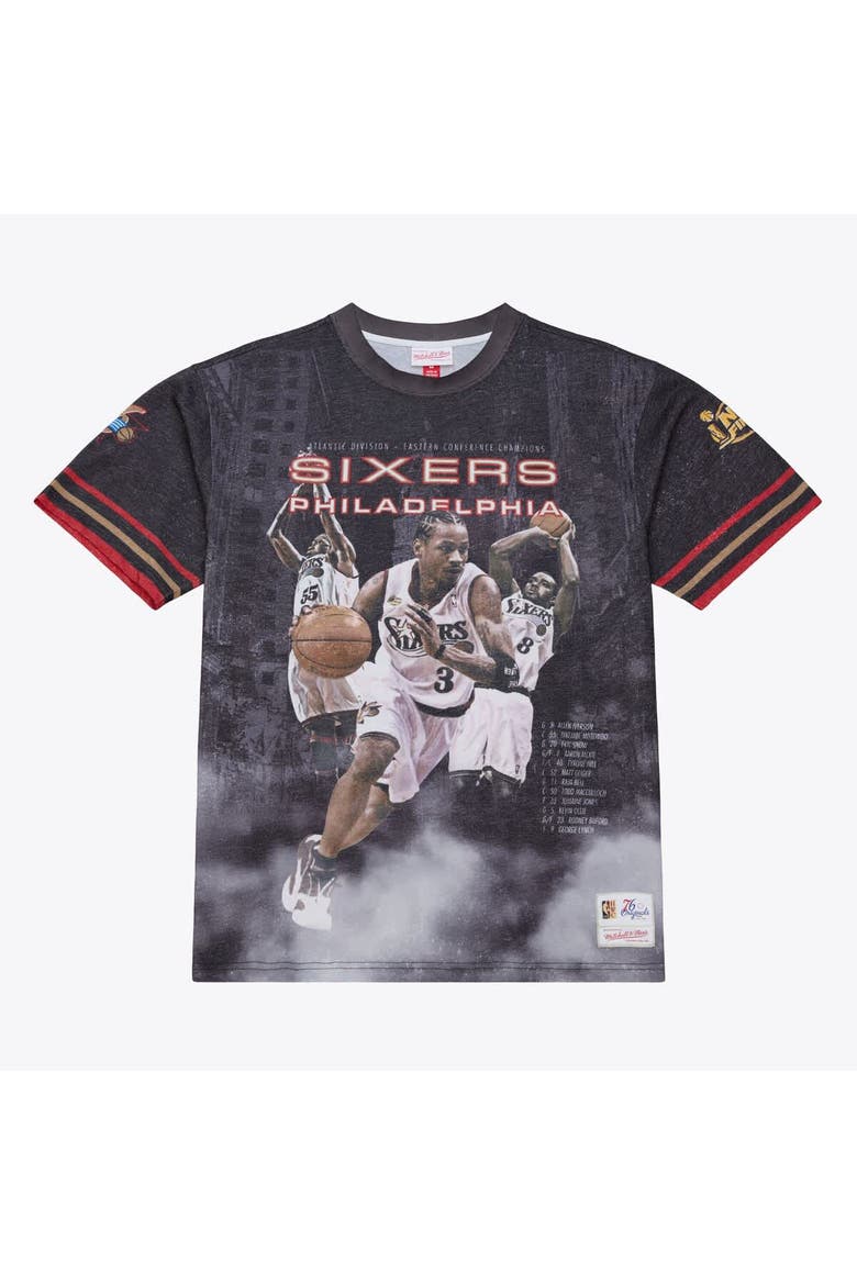 Men's Mitchell & Ness Black Philadelphia 76ers Hardwood Classics Originals Collection 2000-2001 Team Roster T-Shirt, Main, color, Black