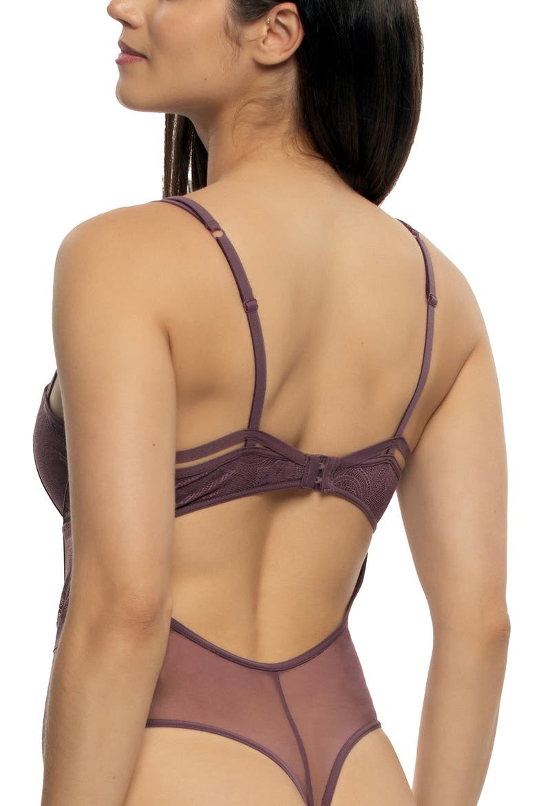 Anika Strappy Underwire Lace & Mesh Teddy, Alternate, color, PLUM WINE