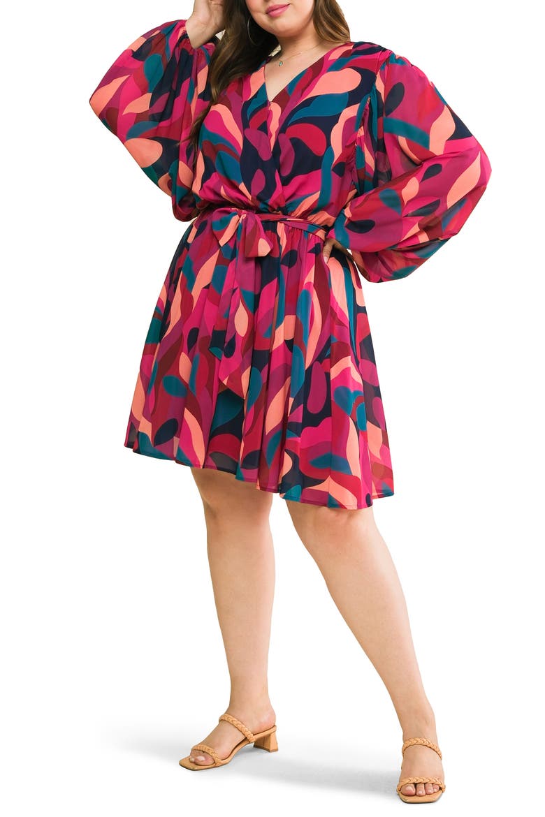 Long Sleeve Print Minidress, Alternate, color, NAVY/ MAGENTA