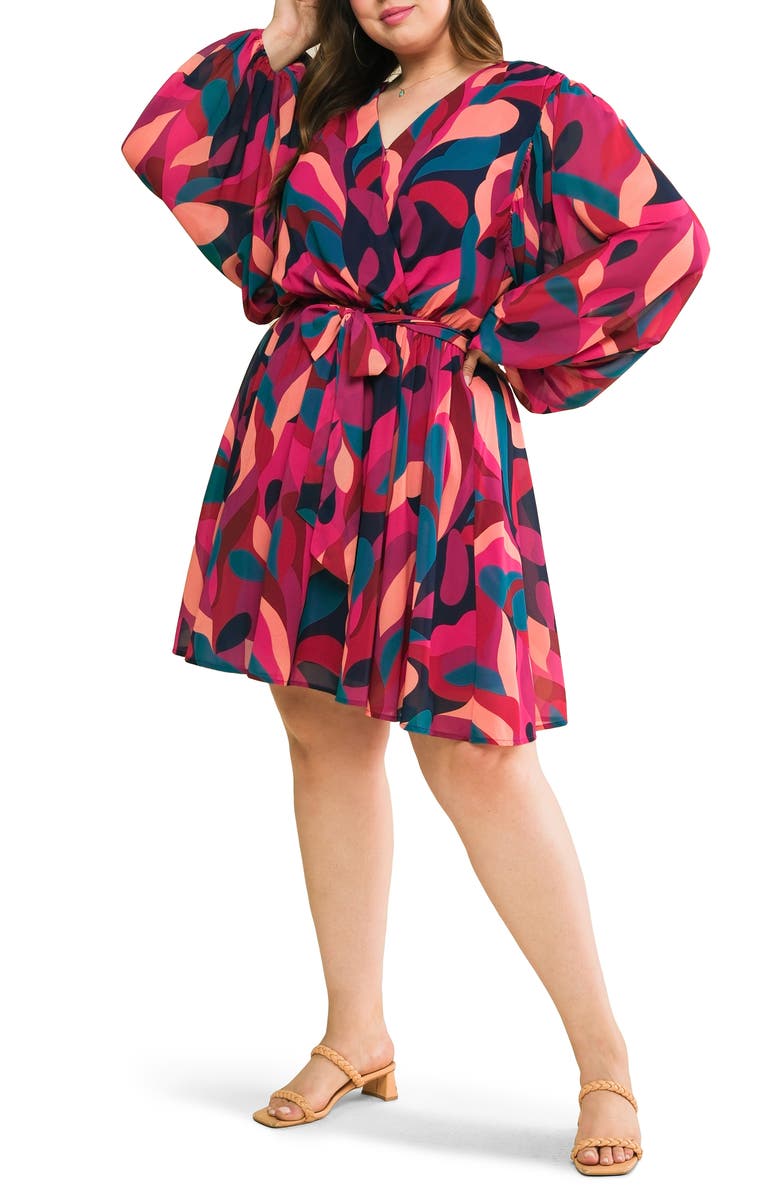 FLYING TOMATO Long Sleeve Print Minidress, Alternate, color, Navy/ Magenta