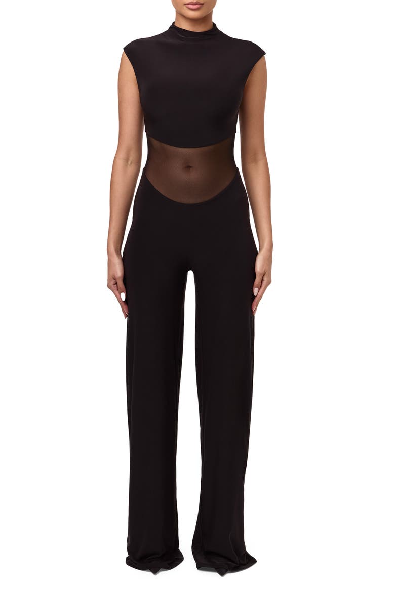 Mesh Mock Neck Jumpsuit, Main, color, BLACK