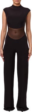 Naked Wardrobe Mesh Mock Neck Jumpsuit