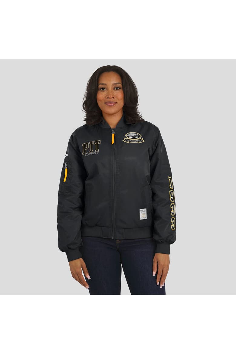 Women's WEAR by Erin Andrews Black Pittsburgh Steelers Patch Full-Zip Bomber Jacket, Alternate, color, Black
