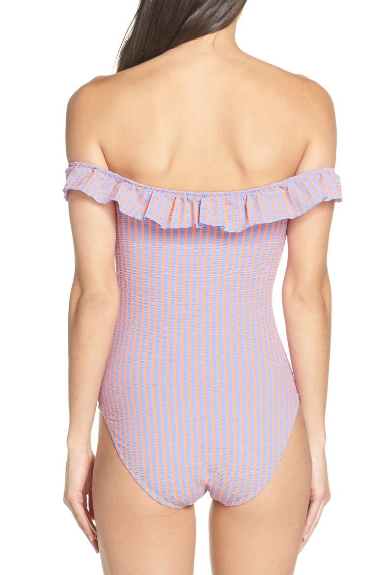 The Amelia Off the Shoulder One-Piece Swimsuit, Alternate, color, LAVENDER SEERSUCKER