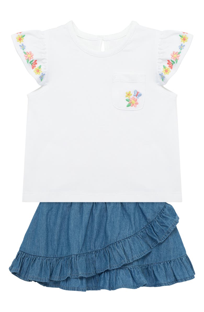 Little Me Embroidered Flutter Sleeve Top & Ruffle Chambray Skort Set, Alternate, color, Blue