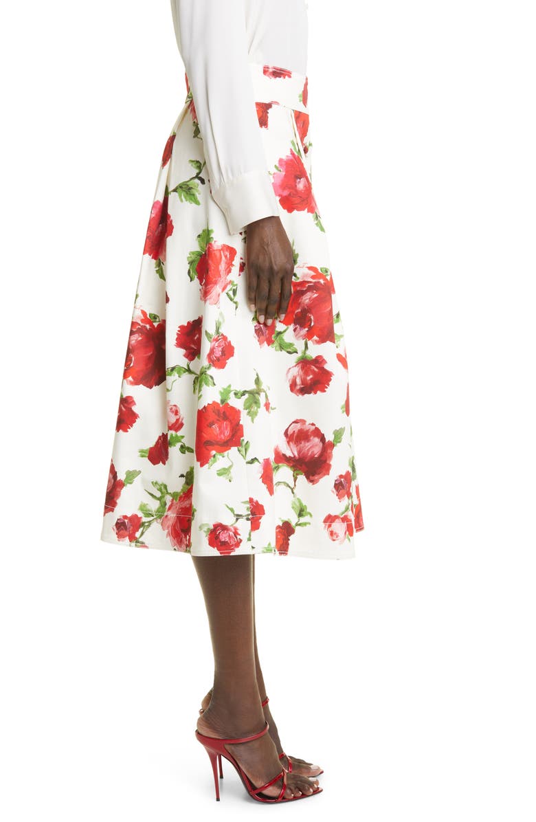 Carolina Herrera Rose Print Button Front Cotton A-Line Skirt, Alternate, color, 