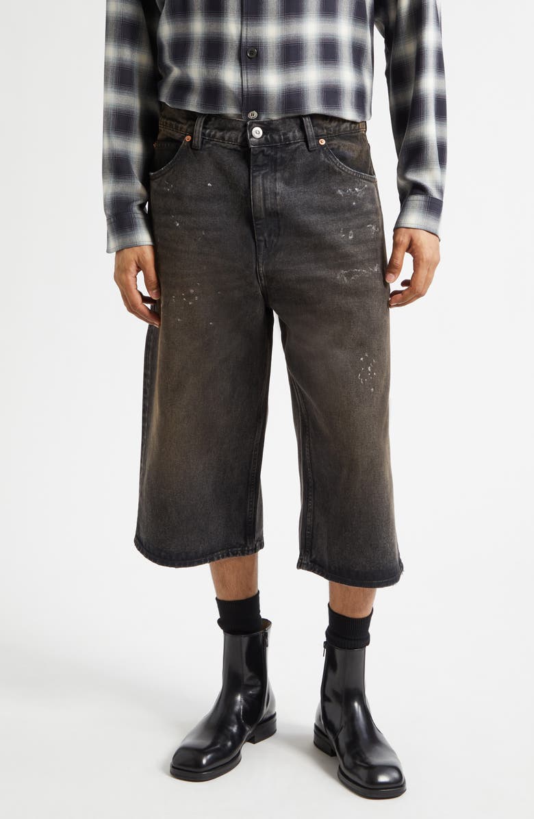 OUR LEGACY Paint Splattered Denim Bermuda Shorts, Main, color, Nebula Wash