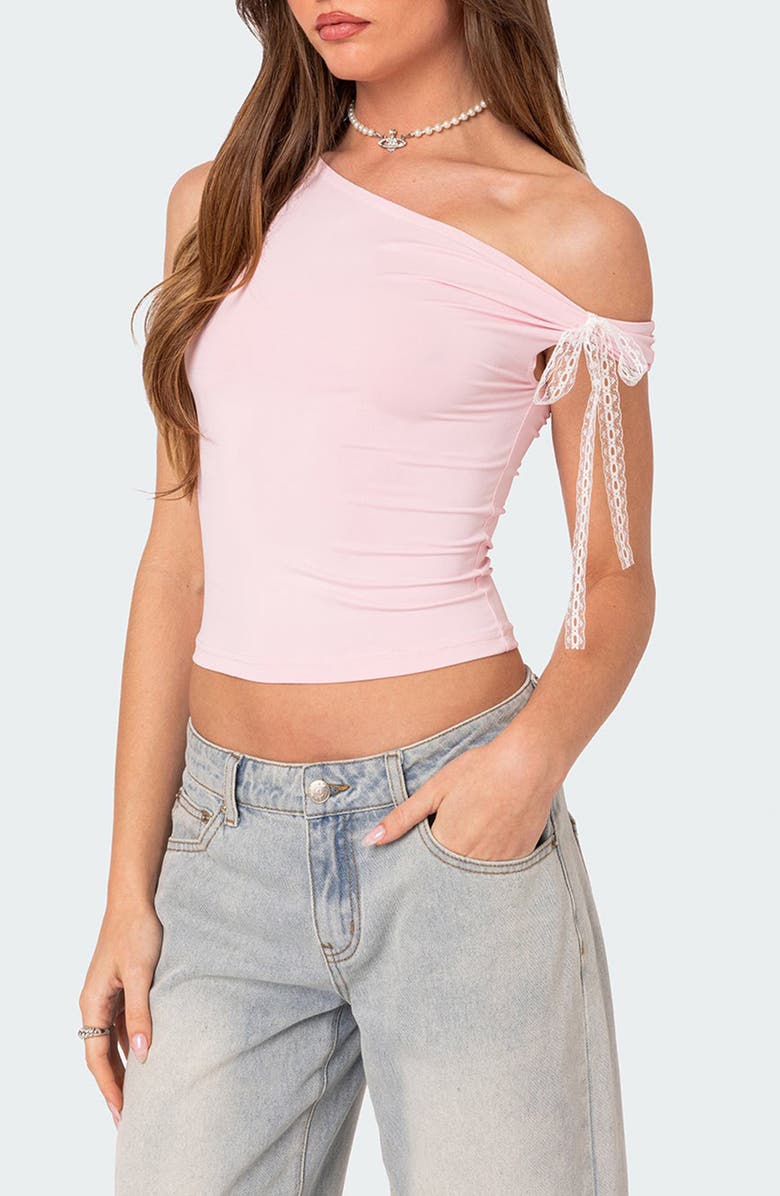 EDIKTED Lace Bow One-Shoulder Top, Alternate, color, Pink
