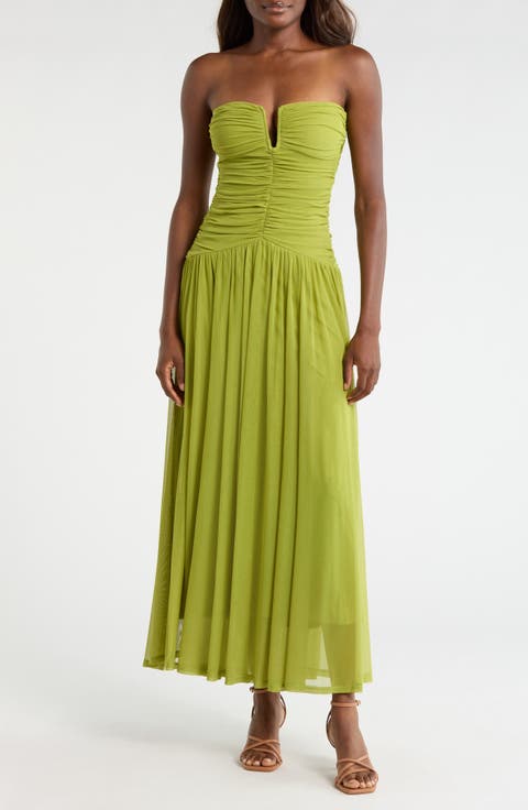 Beverly Ruched Strapless Chiffon Maxi Dress