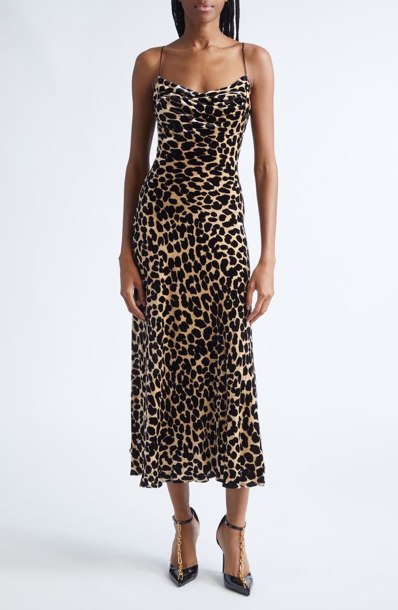 Balmain Leopard Print Cowl Neck Velvet Slip Dress, Main, color, Gba Beige/ Black