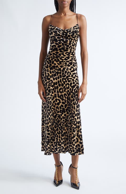 Leopard Print Cowl Neck Velvet Slip Dress