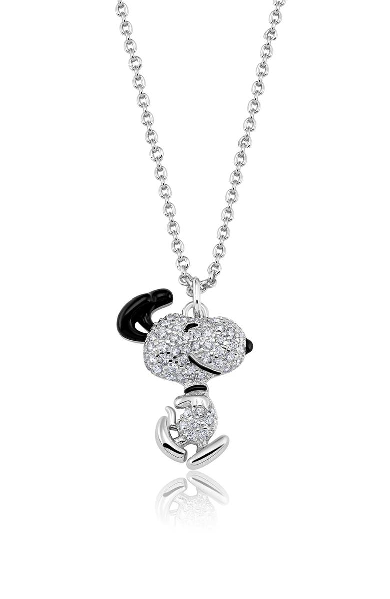 Crislu x Peanuts<sup>®</sup> Dancing Snoopy Pendant Necklace, Main, color, Pure Platinum / Clear Stone
