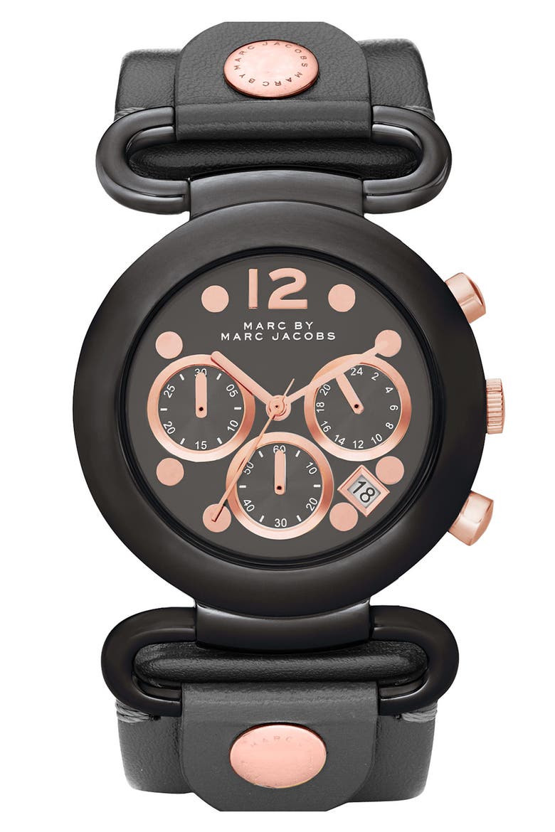 'Molly Chrono' Leather Strap Watch, Main, color, BLACK