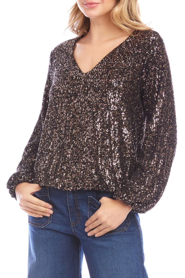 Sequin V-Neck Top, Alternate, color, BRONZE