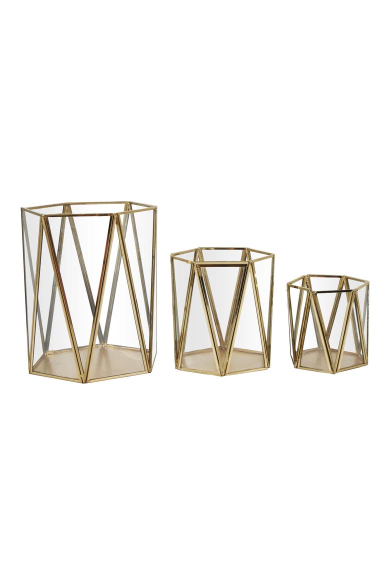 Set of 3 Modern Metal Lantern Candle Holders, Alternate, color, GOLD