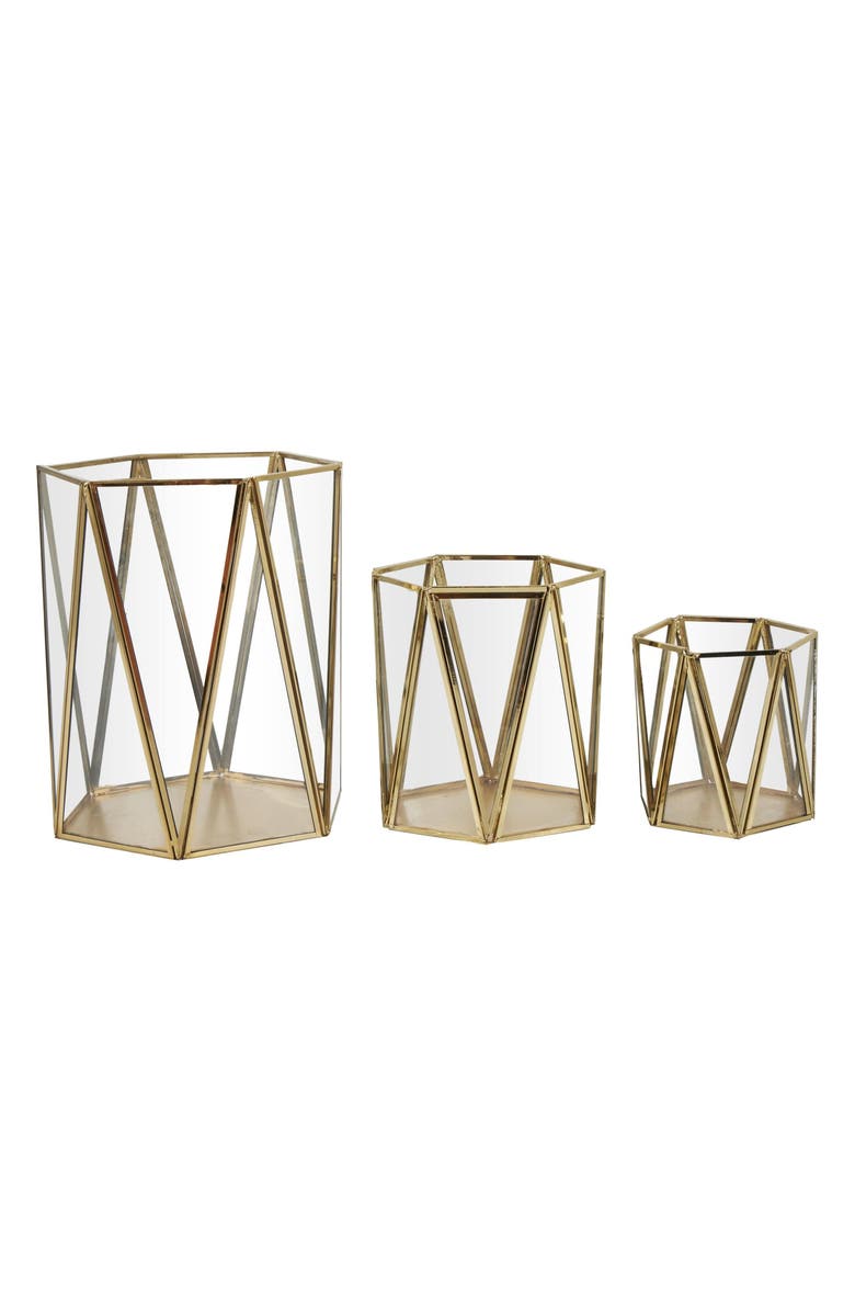 UMA Set of 3 Modern Metal Lantern Candle Holders, Alternate, color, Gold