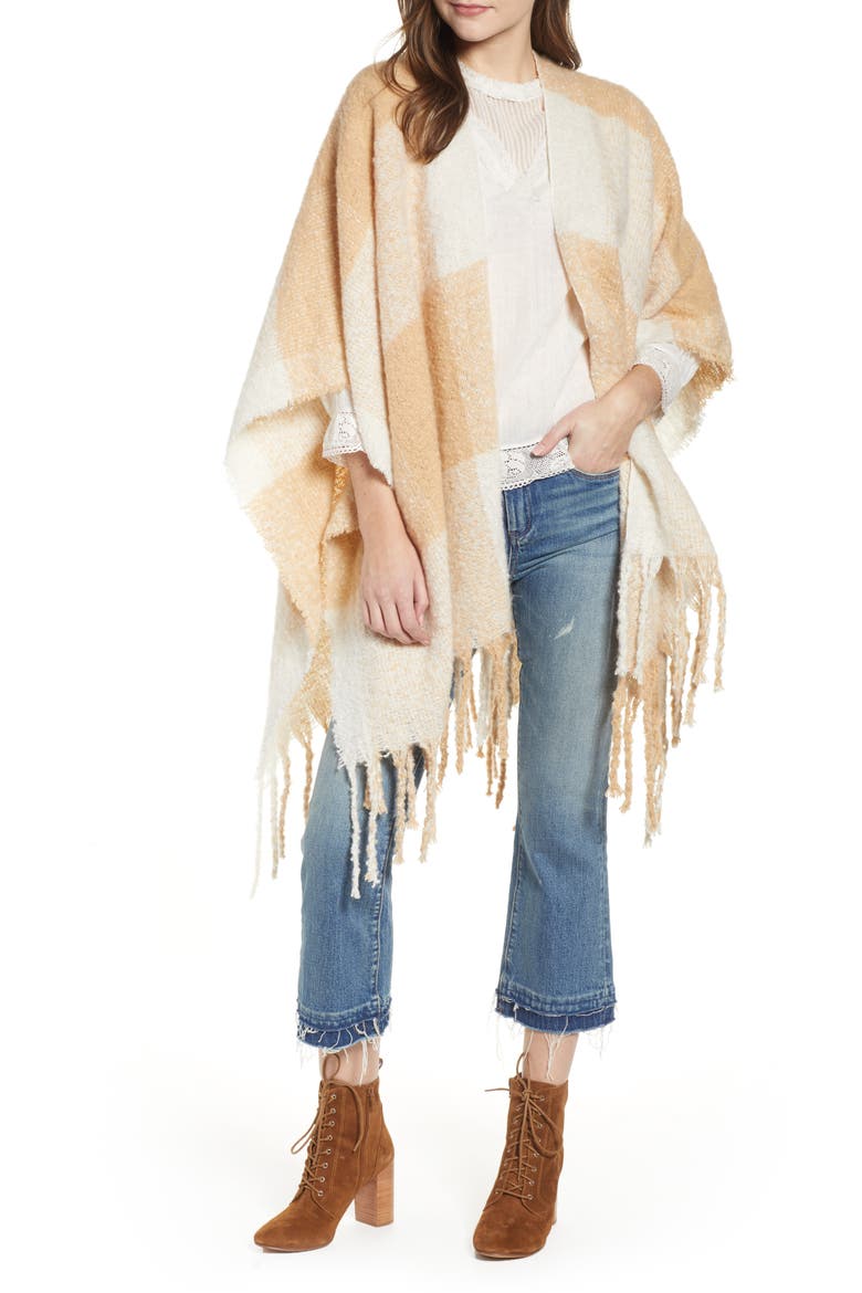 Hampton Plaid Fringe Ruana, Main, color, IVORY