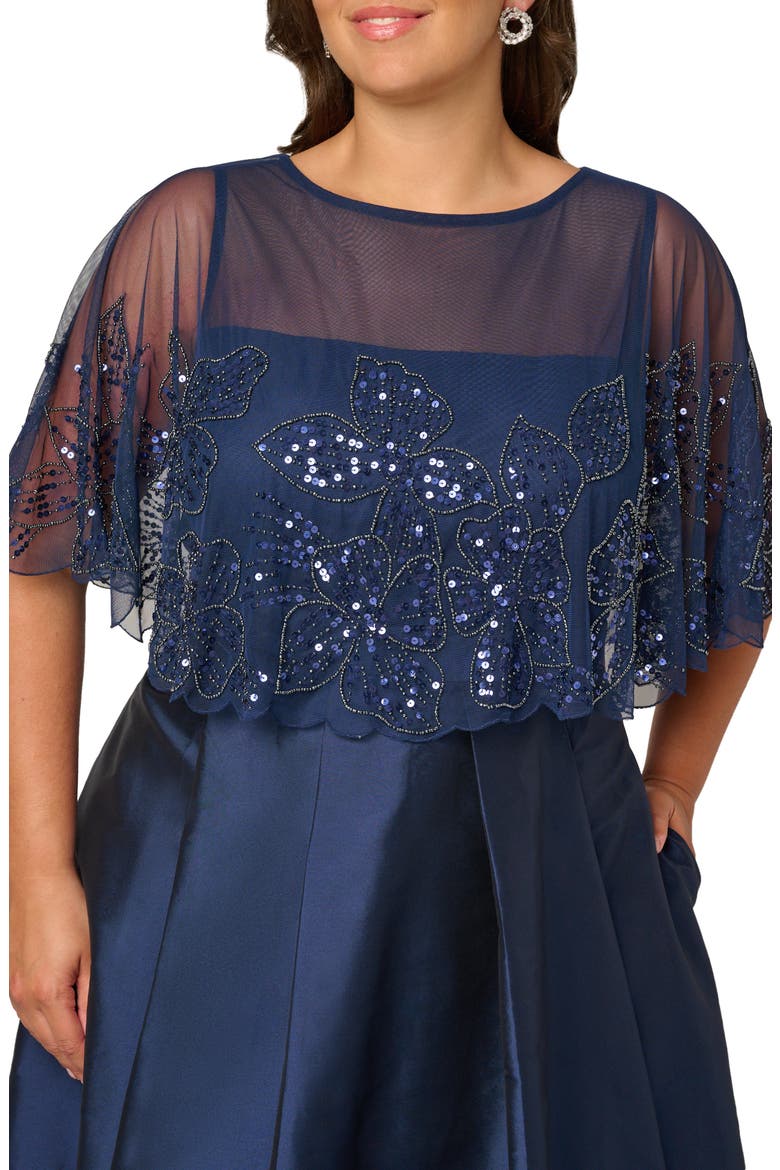 Floral Bead Cape High-Low Taffeta Gown, Alternate, color, LIGHT NAVY