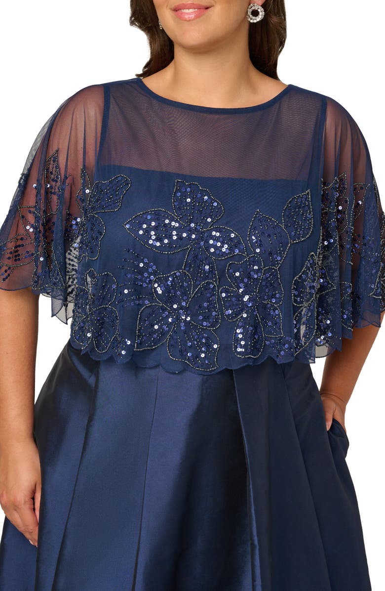 Adrianna Papell Floral Bead Cape High-Low Taffeta Gown, Alternate, color, Light Navy