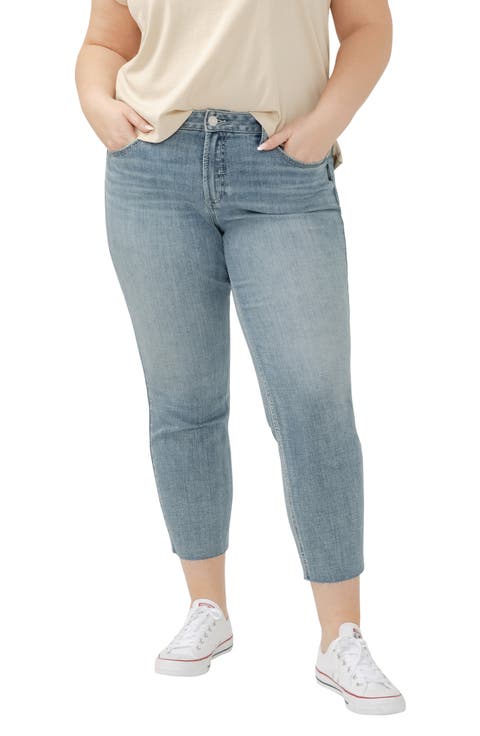 Suki Curvy Raw Hem Mid Rise Crop Straight Leg Jeans (Plus)