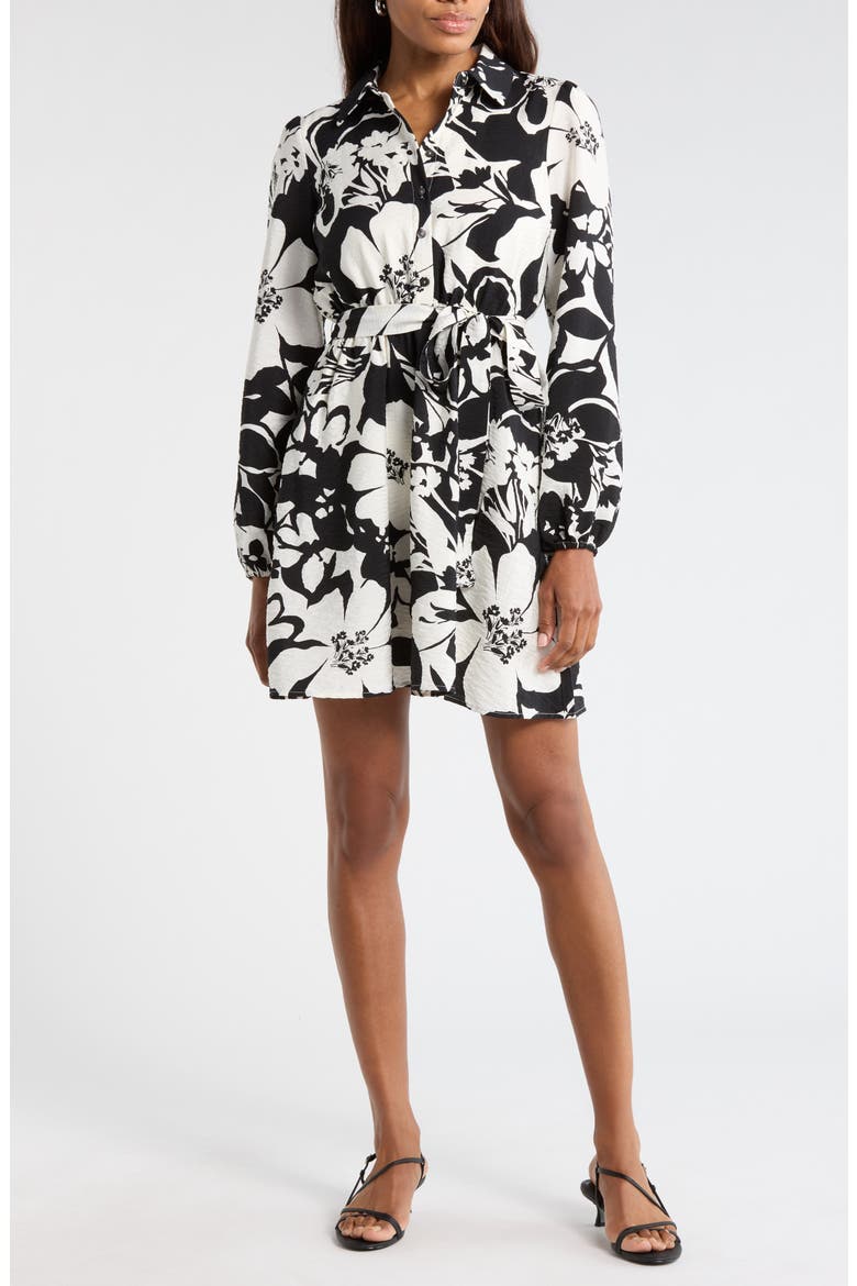 Floral Long Sleeve Shirtdress, Main, color, BLACK/ WHITE