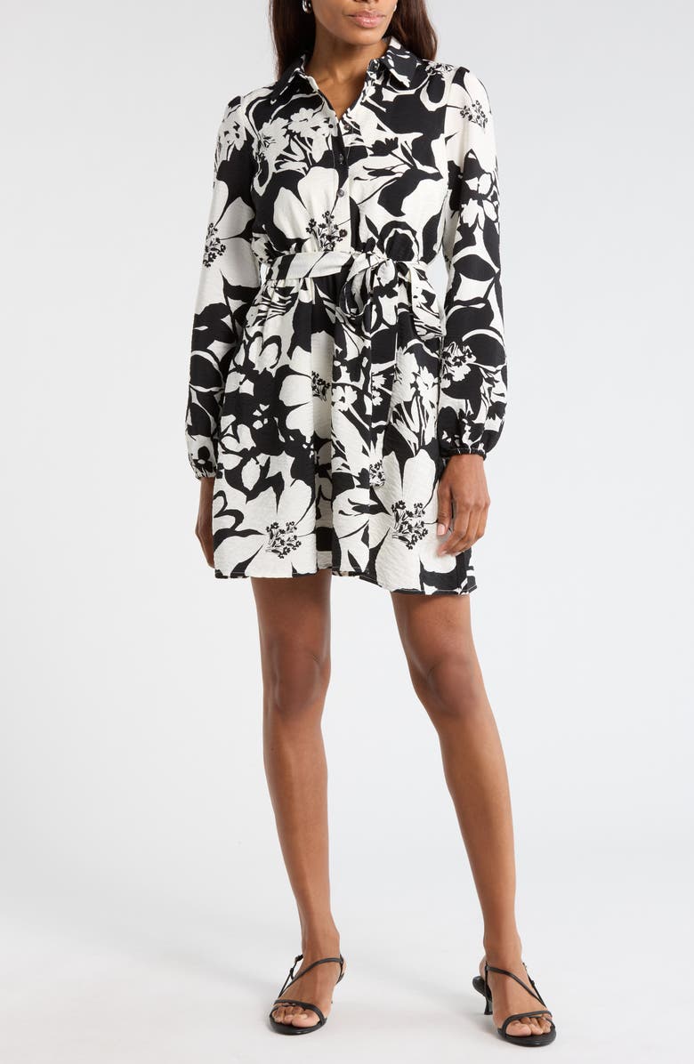 Sam Edelman Floral Long Sleeve Shirtdress, Main, color, Black/ White