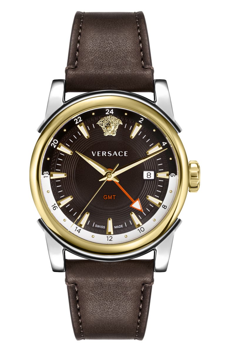 Versace GMT Vintage Leather Strap Watch, 42mm, Main, color,