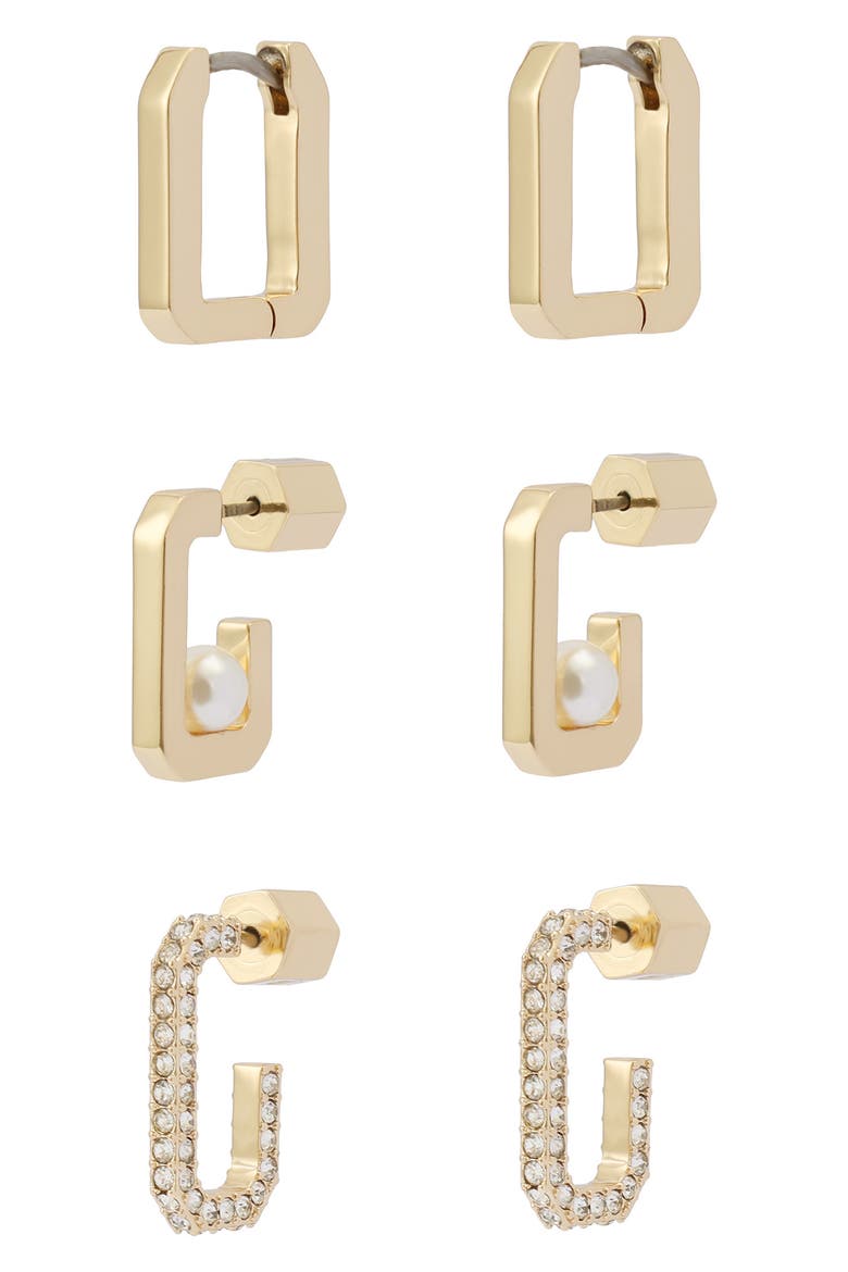 Set of 3 Assorted Hexagon Hoop Earrings, Alternate, color, GOLD/ PEARL
