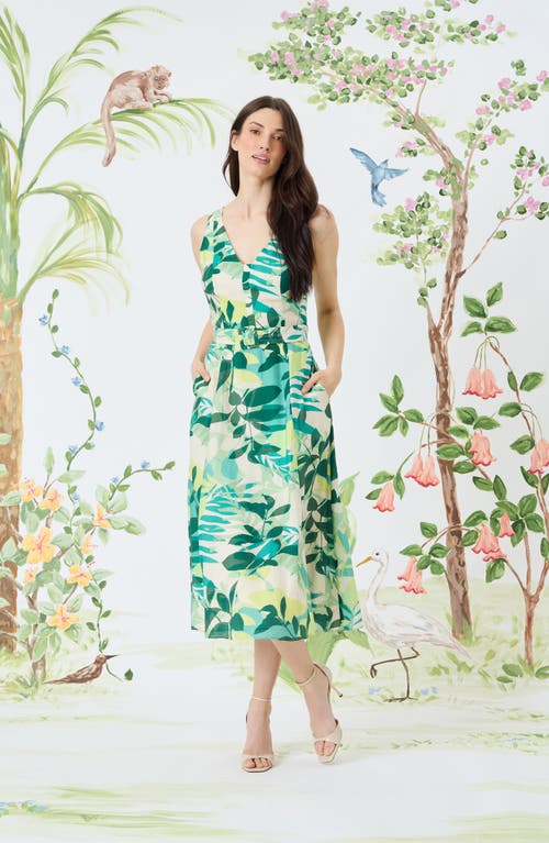 Maggy London Botanical Print Belted A-line Dress In Green
