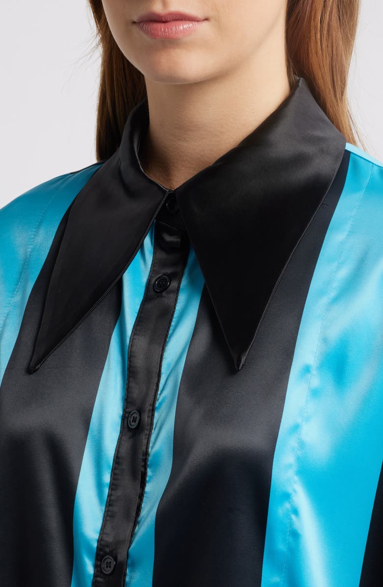 Dressed in Lala Posh Stripe Oversize Satin Button-Up Shirt & Pants Set, Alternate, color, Blue/ Black