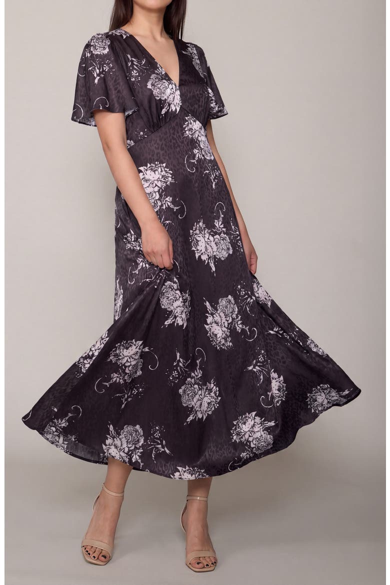 Empire Waist Satin Maxi Dress, Alternate, color, BLACK/ BONE FLORAL