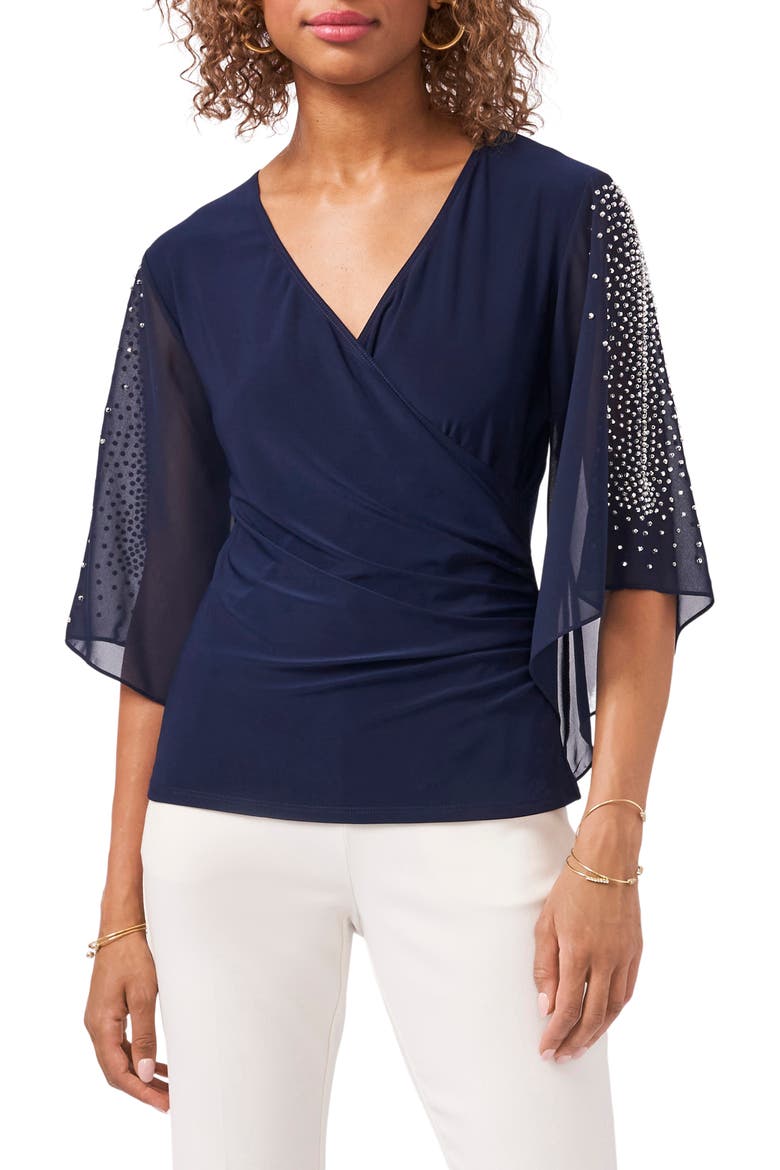 Embellished Sleeve Surplice Blouse, Main, color, NAVY