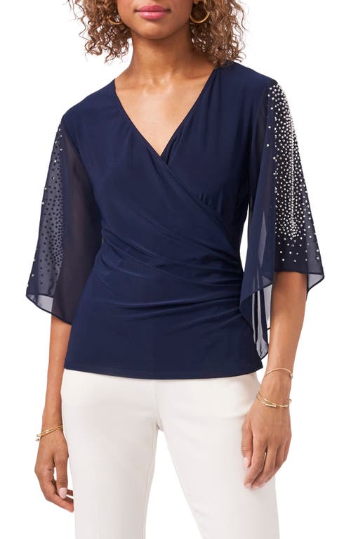 Chaus Embellished Sleeve Surplice Blouse in Navy 