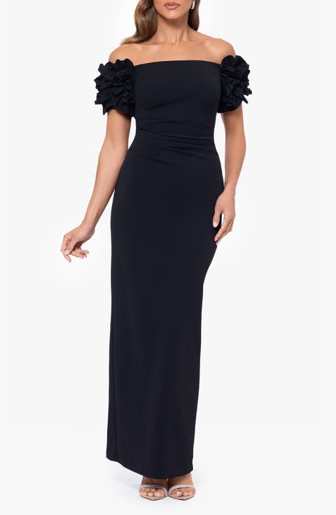 Ruffle Sleeve Off the Shoulder Scuba Crepe Column Gown