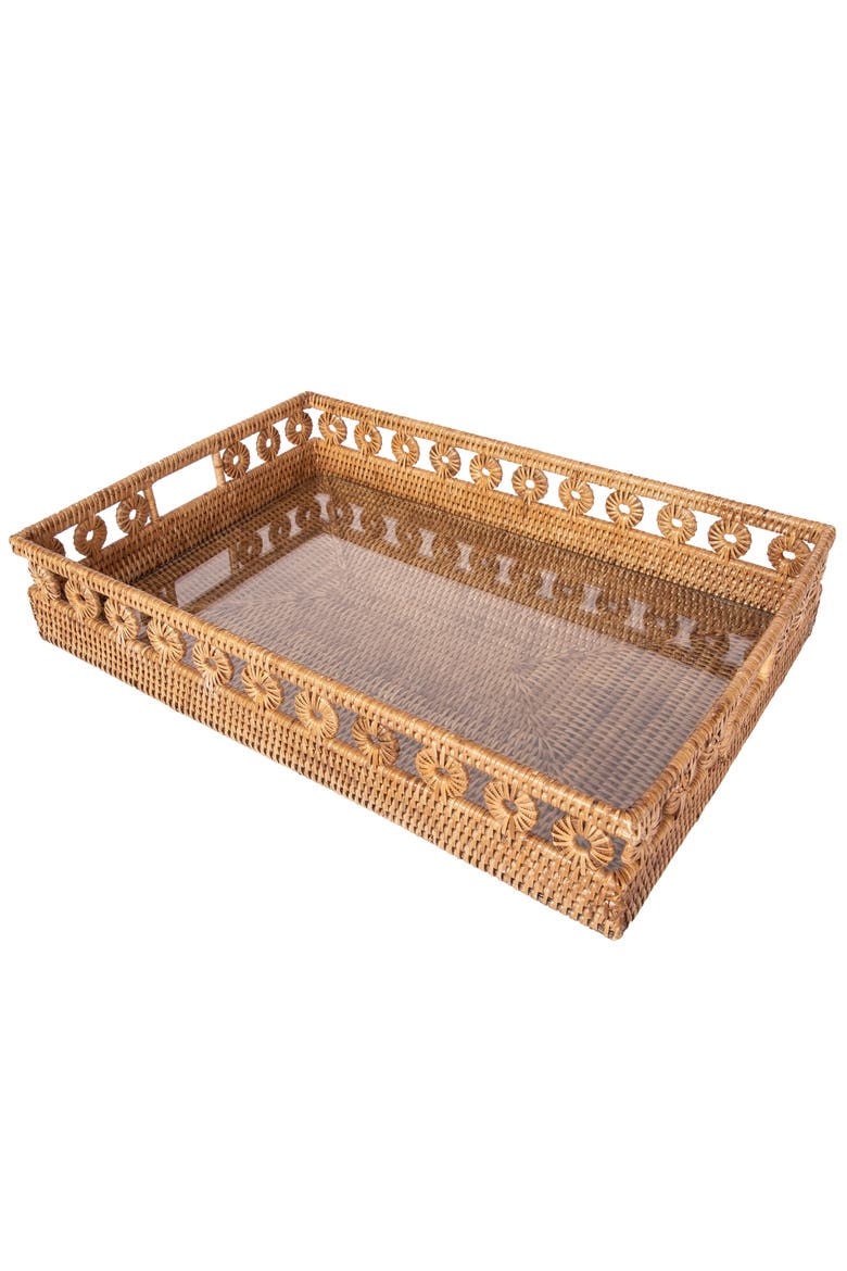 Artifacts Rattan Inna Design Rectangular Tray with Cutout Handles & Glass Insert, Alternate, color, Honey Brown