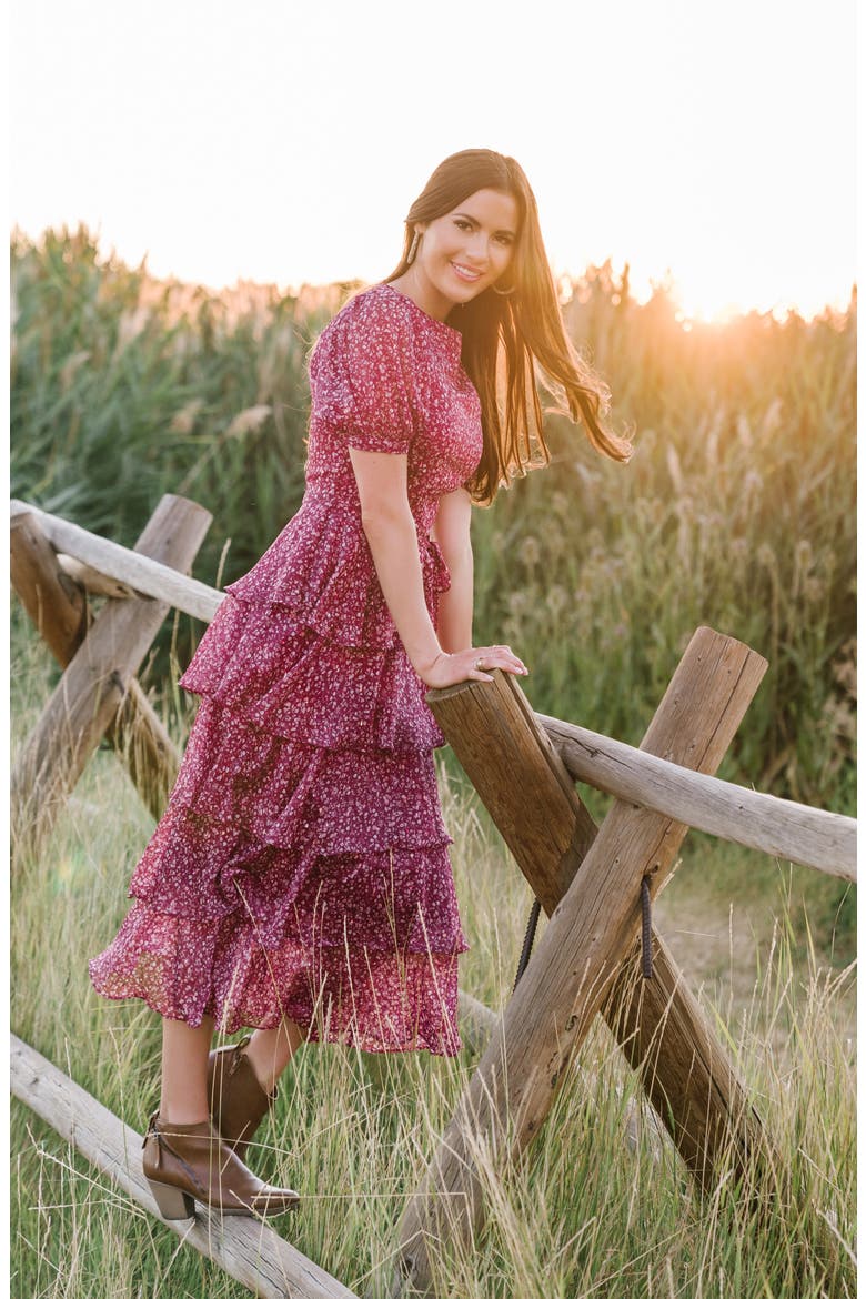 Floral Tiered Chiffon Dress, Main, color, BURGUNDY BEET LISBETH FLORAL