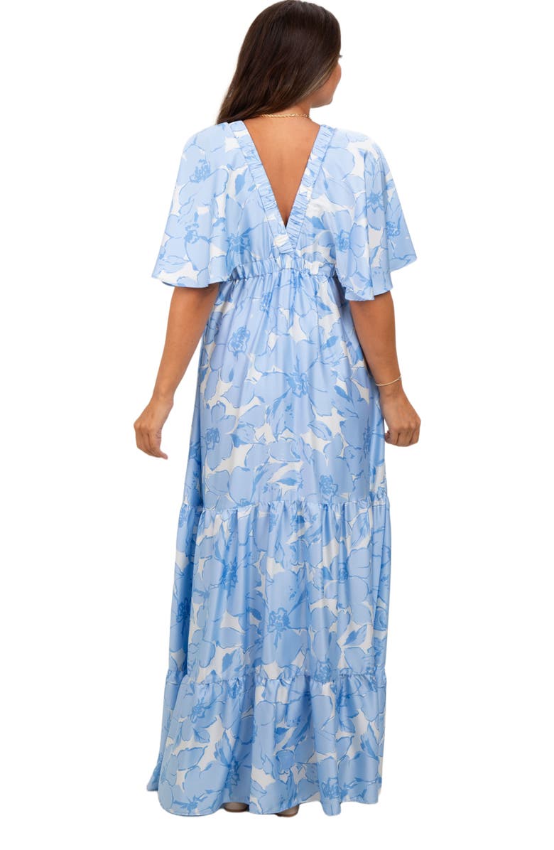 PinkBlush Floral Short Sleep Deep V-Neck Tiered Maxi Dress, Alternate, color, Light Blue