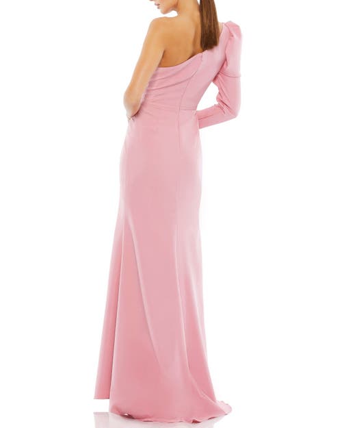 Mac Duggal One-shoulder Gown With Dramatic Puff Sleeve And Thigh-high Slit In Pink