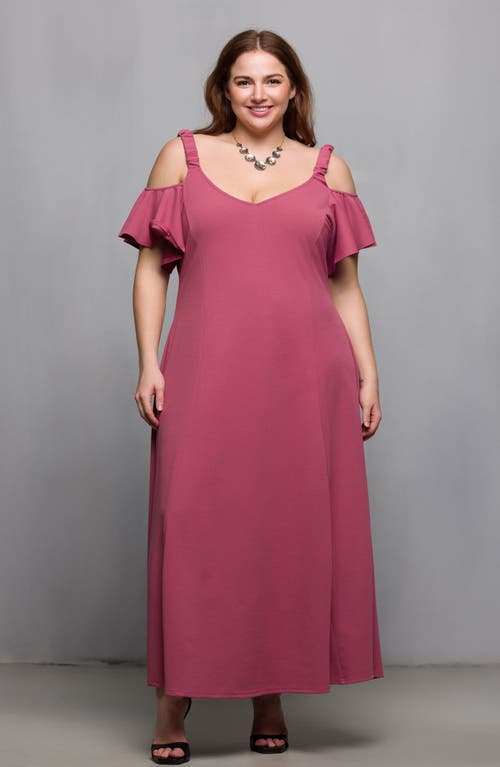 24seven Comfort Apparel Plus Size Cold Shoulder Ruffle Sleeve A-line Maxi Dress In Pink