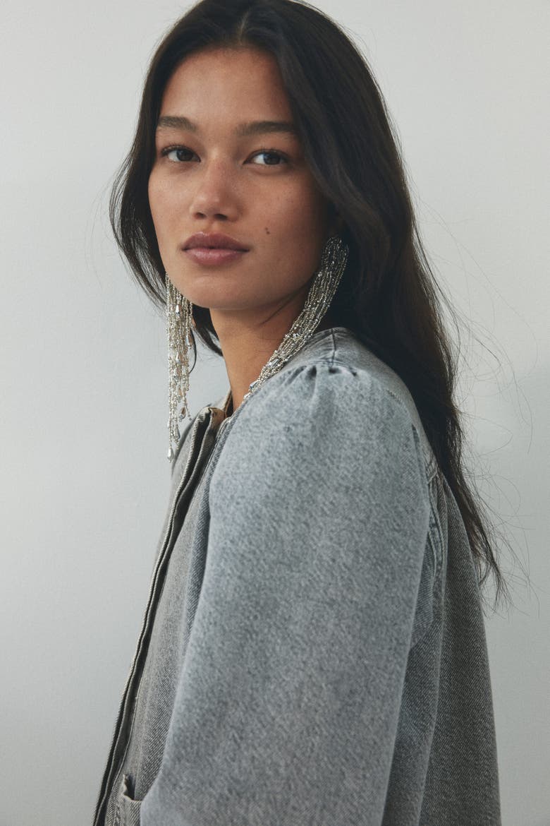 Puff-sleeved Denim Jacket, Alternate, color, Washed gray