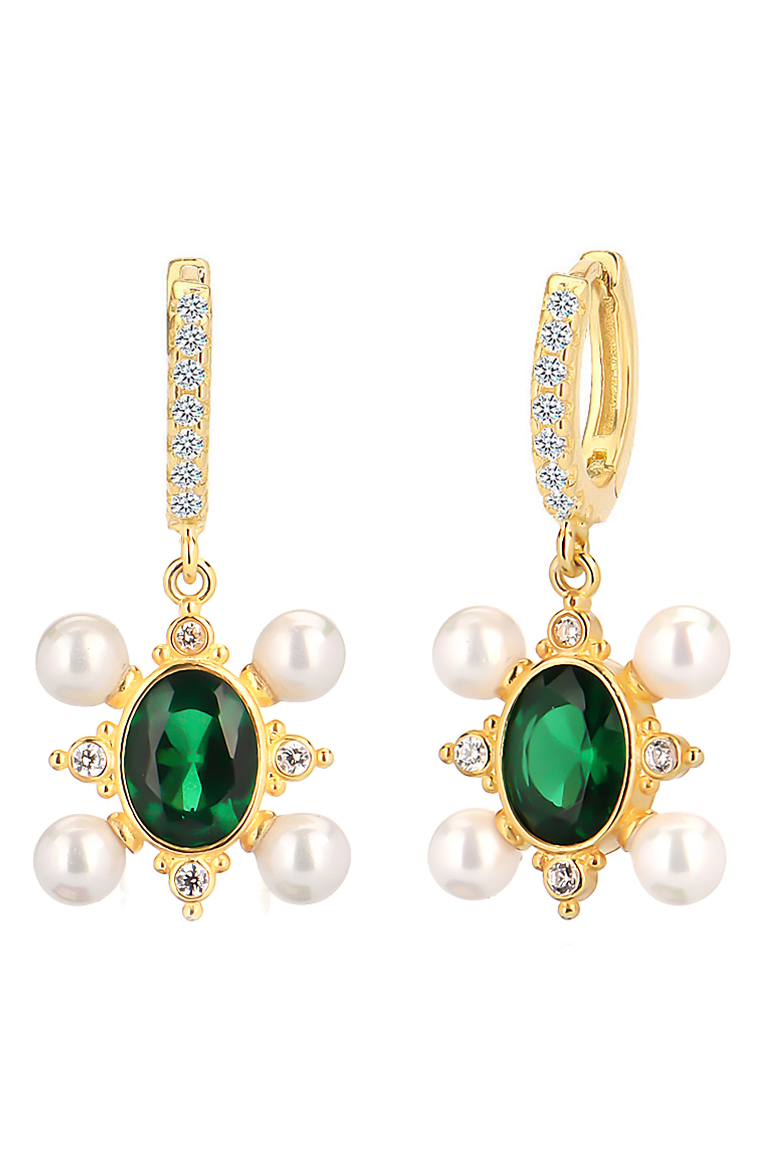 GABI RIELLE Cubic Zirconia & Imitation Pearl Drop Huggie Hoop Earrings