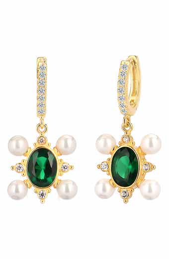 GABI RIELLE Cubic Zirconia & Imitation Pearl Drop Huggie Hoop Earrings