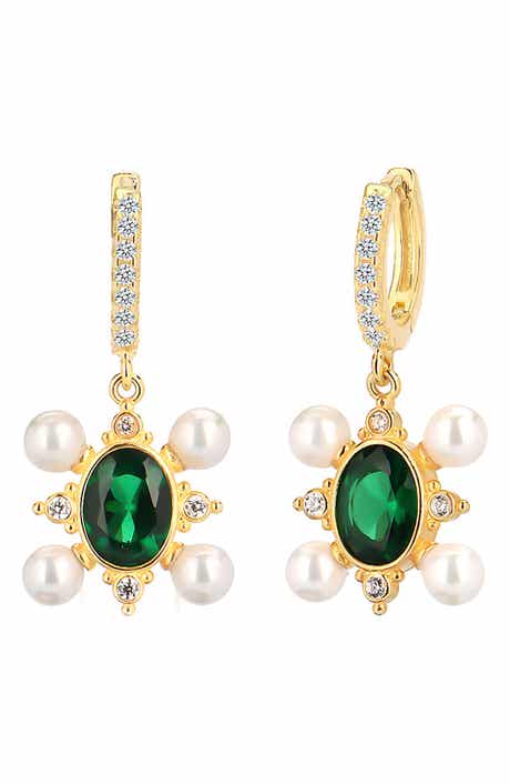 GABI RIELLE Cubic Zirconia & Imitation Pearl Drop Huggie Hoop Earrings