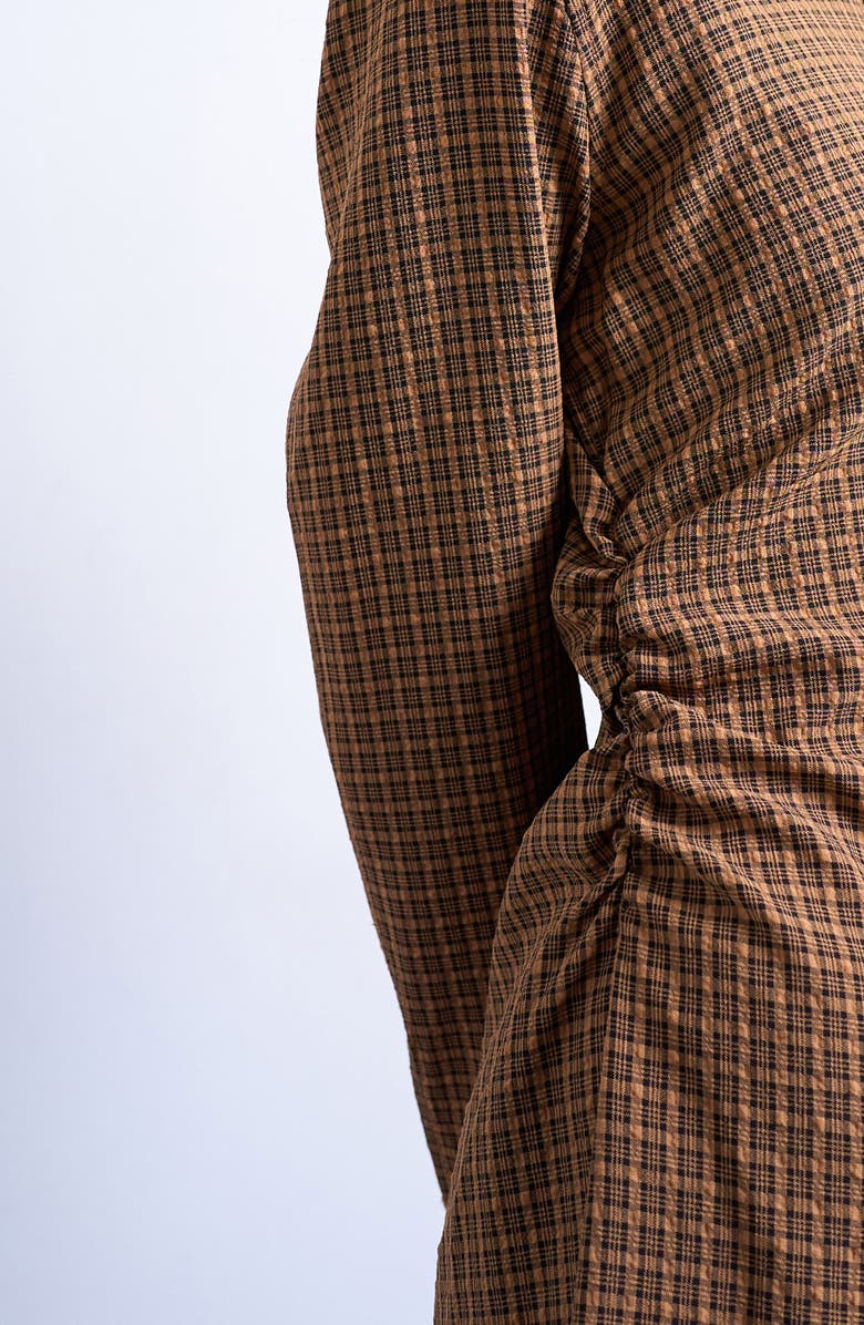 Topshop Long Sleeve Ruched Shirtdress, Alternate, color, Brown