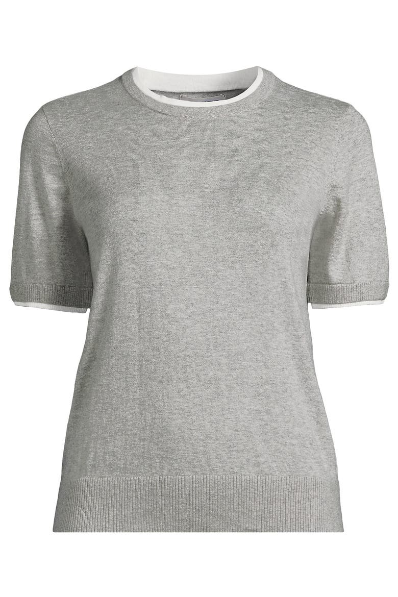 Double Trim Cotton Crew Neck Tee Sweater, Alternate, color, Gray Heather/White