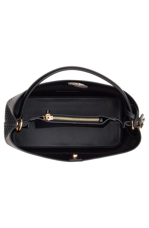 Shop Anne Klein Perforated Satchel In Black/black/metallic Gold