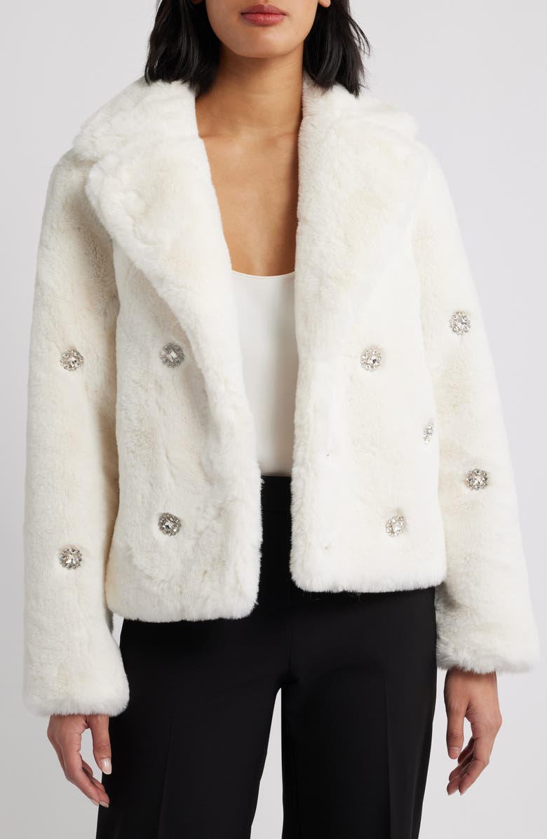 CeCe Embellished Faux Fur Coat, Alternate, color, Ivory