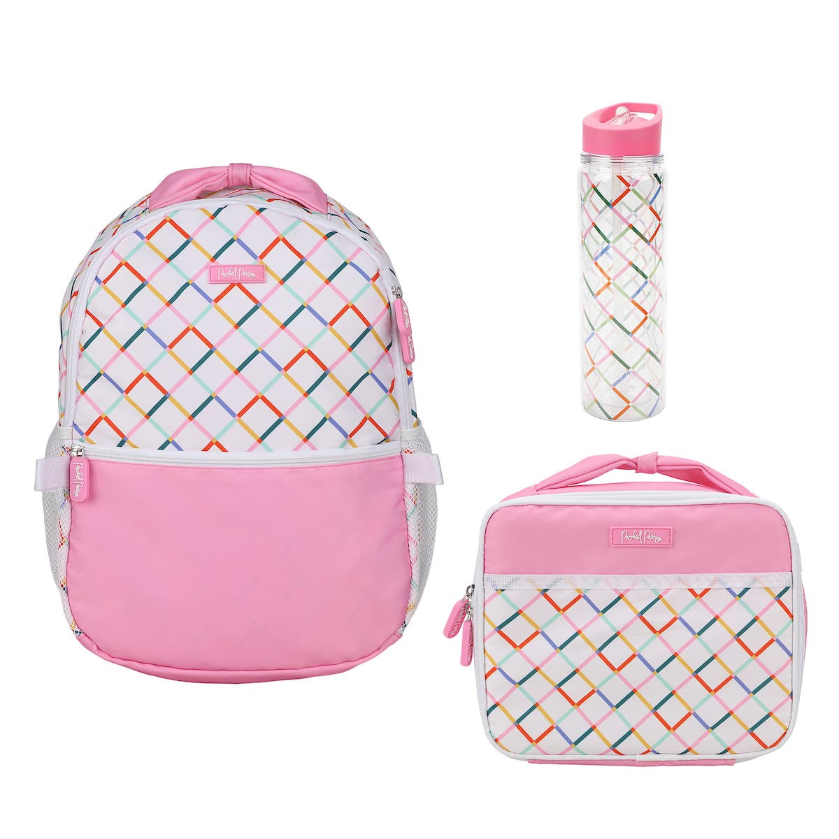 White and Pink with Rainbow Plaid 17" Backpack Set for Girls | Includes Matching Insulated Lunchbox and Water Bottle, Main, color, Packed Party Colorful